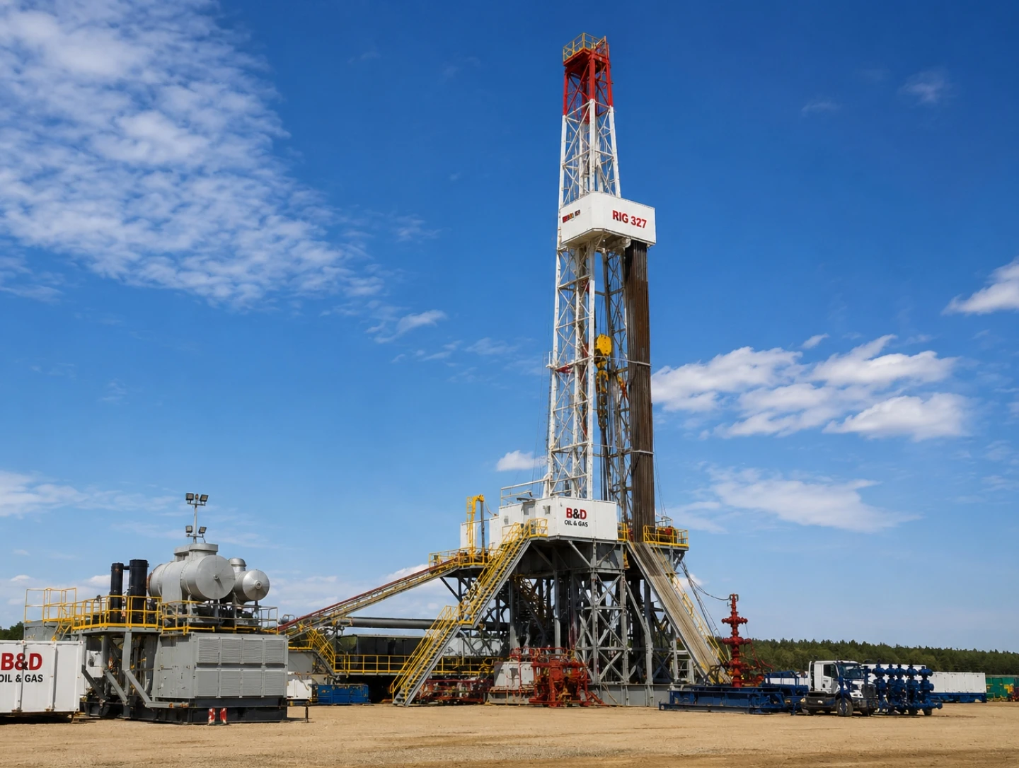 b&d oil & gas rig 327 land drilling rig on an oilfield site with support equipment