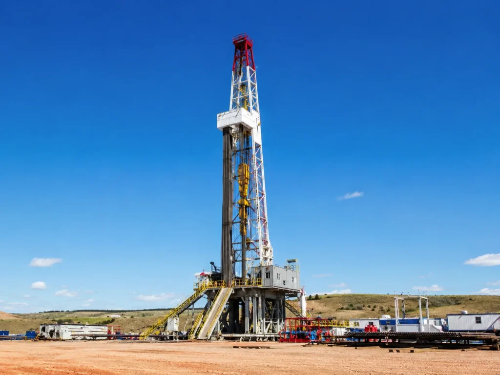 b&d oil & gas land drilling rig on an active oilfield site with support equipment