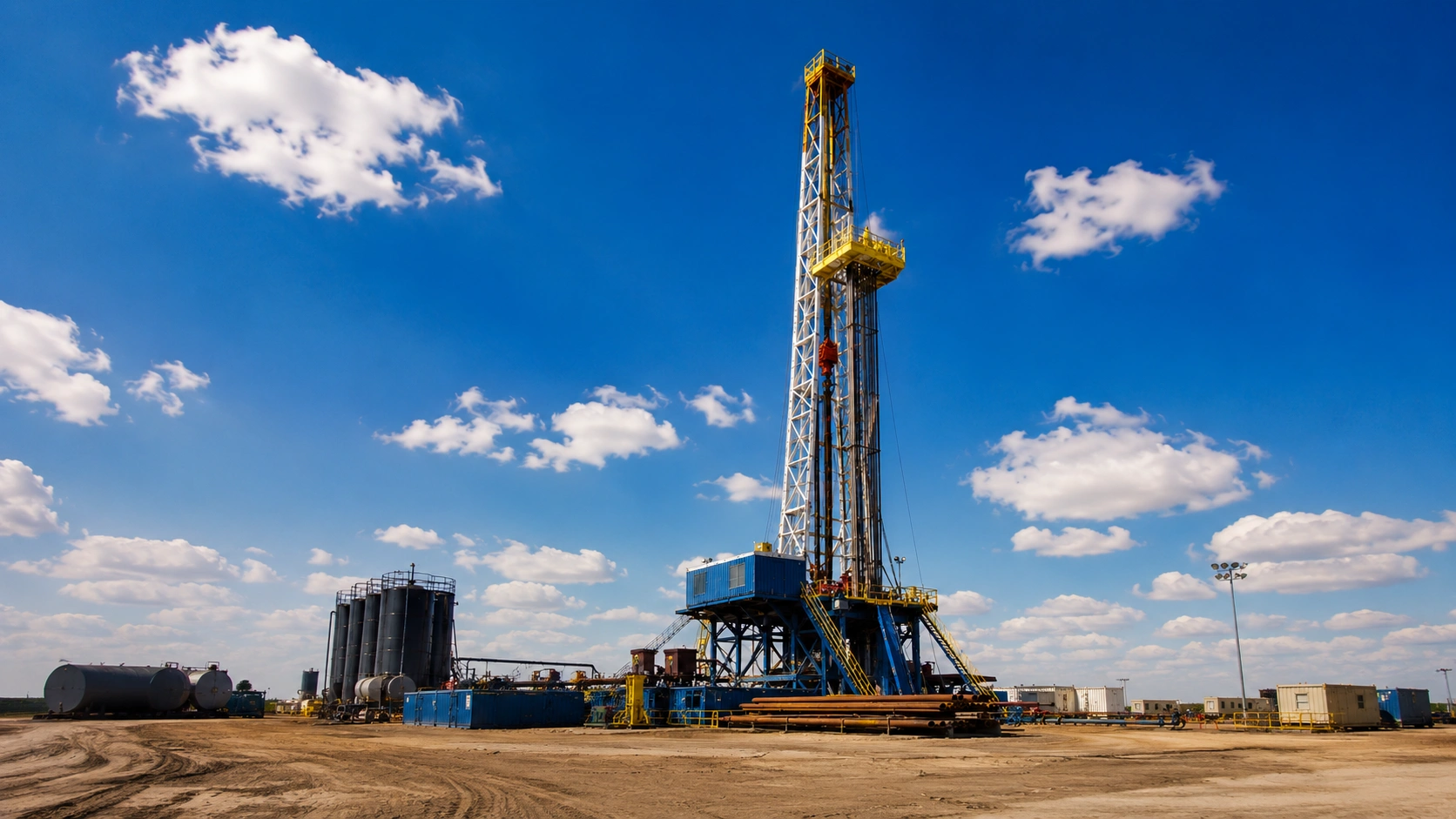 high capacity land drilling rig on an oklahoma oilfield site with mud tanks, pipe racks, and support equipment